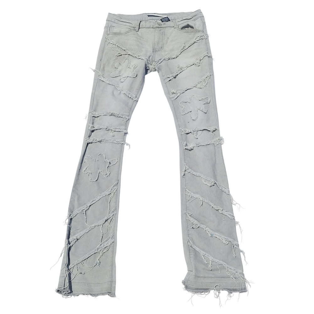 Kloud 9 Stacked Jeans Mens 30x38 Grey‎ Distressed Patchwork Streetwear Denim